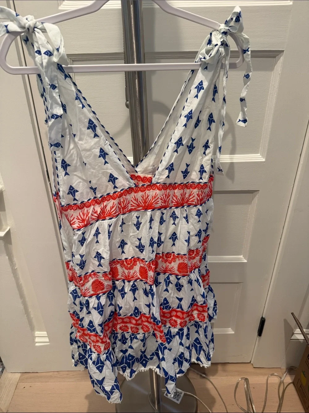 FARM Rio White Mini Dress with Blue Motif & Red Coral Bands - Picture 3 of 4